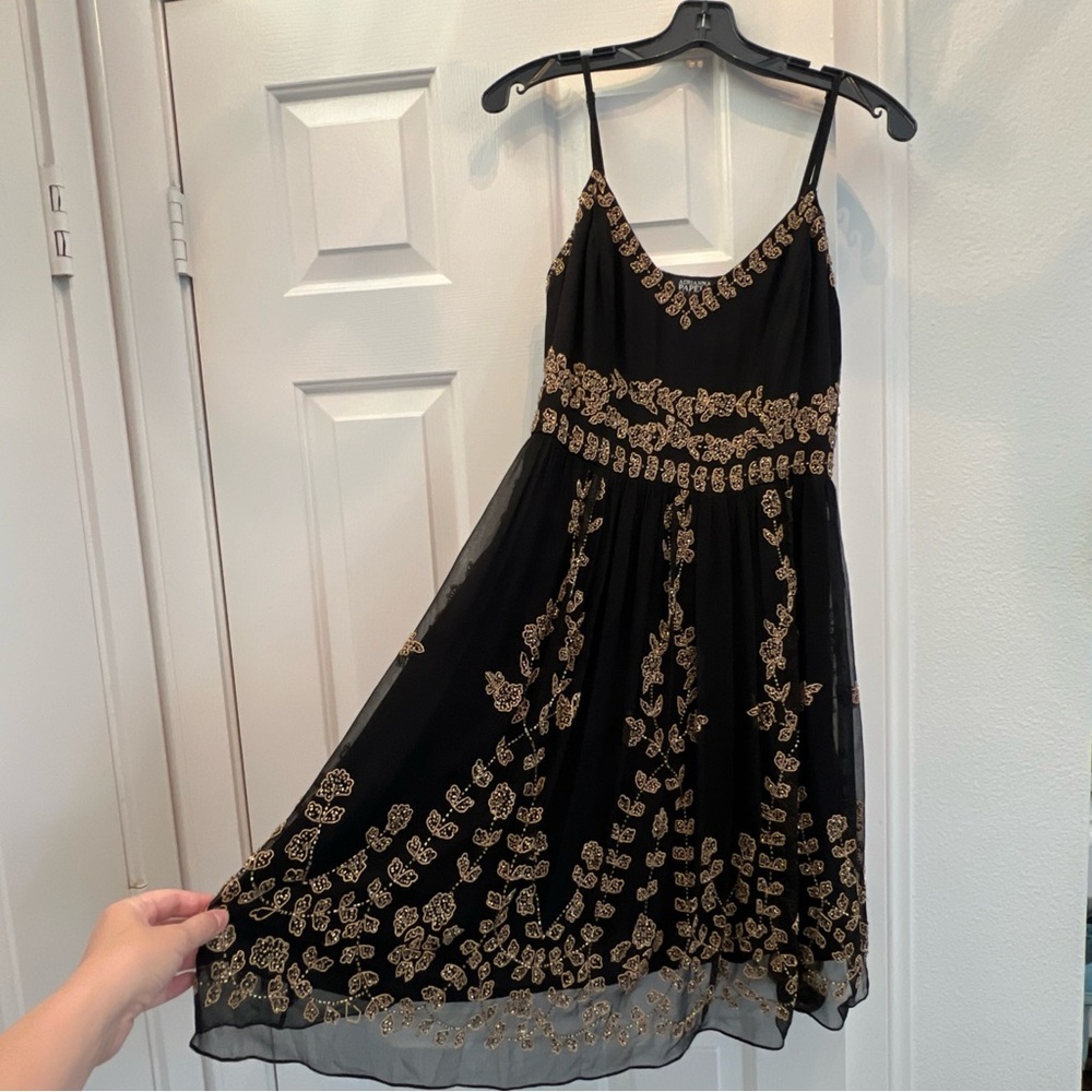 Adrianna Papell Black and Gold Embroidered Dress 8P